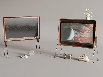Two Wooden Frame Televisions on Stands with Natural Scene Screen and Decorative Accents 3d model
