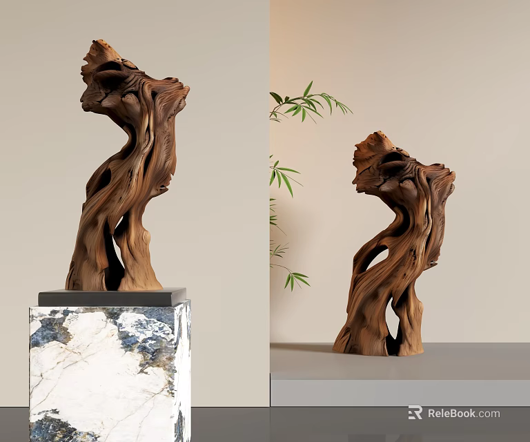 Natural Twisted Wooden Sculpture Display on Marble Base with Green Plants 3d model 