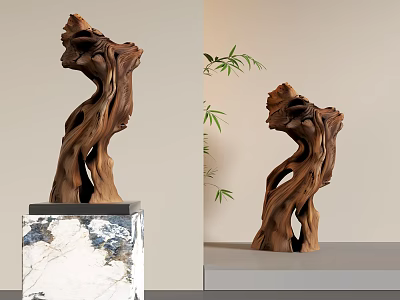 Natural Twisted Wooden Sculpture Display on Marble Base with Green Plants 3d model