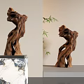 Natural Twisted Wooden Sculpture Display on Marble Base with Green Plants