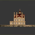 Classical European Style Architecture Model With Red Roof Multiple Chimneys And Circular Base