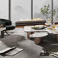 Modern Living Room Interior With Large Windows Stone Wall Gray Sofa Coffee Tables And Plant