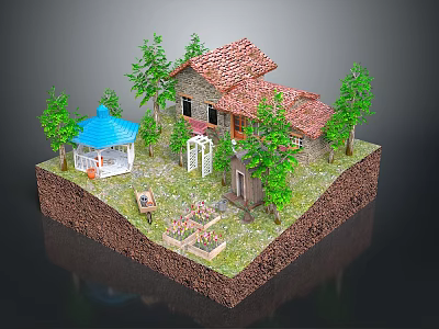 Cartoon Scene With Small Red Roof House Blue Roofed Pavilion Green Trees And Vegetable Garden 3d model