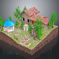 Cartoon Scene With Small Red Roof House Blue Roofed Pavilion Green Trees And Vegetable Garden