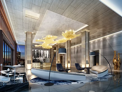 Hotel Lobby Modern Interior Design With Golden Chandeliers Elegant Seating And Large Windows 3d model