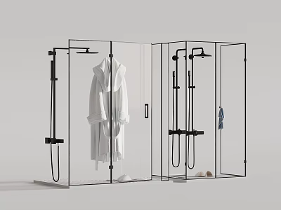 Black Shower System In Transparent Glass Enclosure With White Bathrobe And Blue Towel 3d model