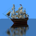 Classic Wooden Sailing Ship With White Sails Against Blue Sky And Reflection