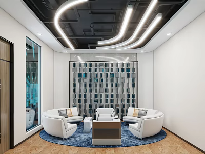Office Lounge Area Interior With Round White Sofas Bookshelf Wall And Curved Lighting 3d model