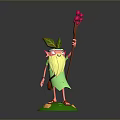 Cute Gnome Game Movie Character With Green Leaf Headpiece Long Beard And Red Berry Staff