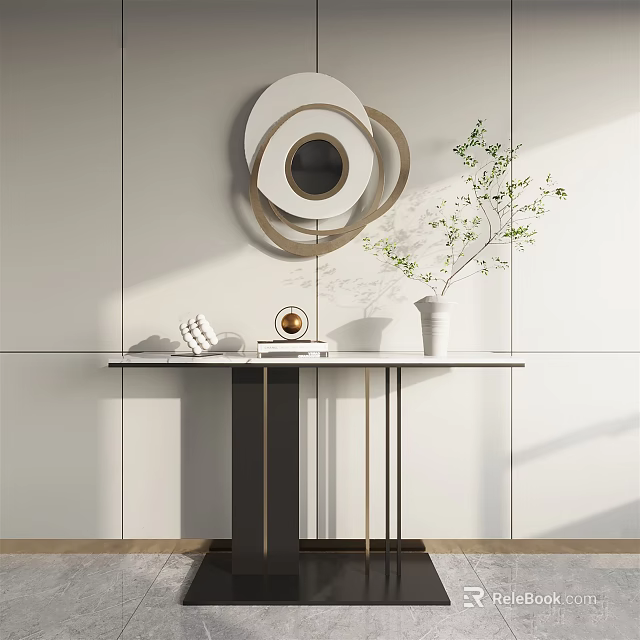 Minimalist Console Table with Circular Decorative Mirror and Green Plant on White Wall 3d model 