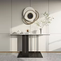 Minimalist Console Table with Circular Decorative Mirror and Green Plant on White Wall