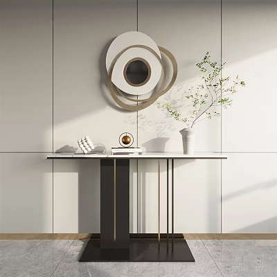 Minimalist Console Table with Circular Decorative Mirror and Green Plant on White Wall 3d model
