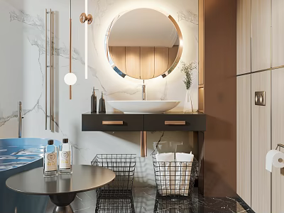 Modern Bathroom Interior With Marble Walls Round Mirror White Sink Black Countertop And Brass Faucet 3d model