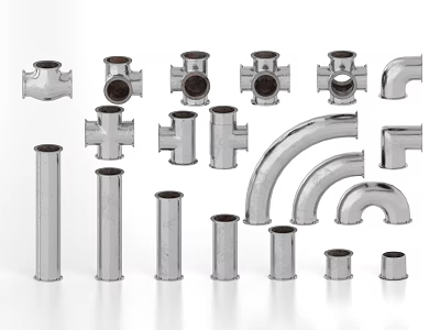 Metal Pipes And Various Fittings Including Elbows Tees And Straight Tubes 3d model