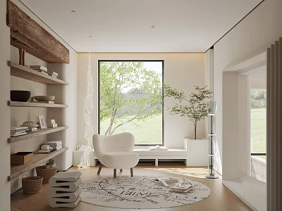 Cozy Study Room Interior With Wooden Beam White Armchair Large Window Round Rug And Bookshelves 3d model
