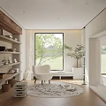 Cozy Study Room Interior With Wooden Beam White Armchair Large Window Round Rug And Bookshelves