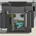 Chinese Style Detached Villa With Traditional Roof Courtyard Water Feature And Green Plants