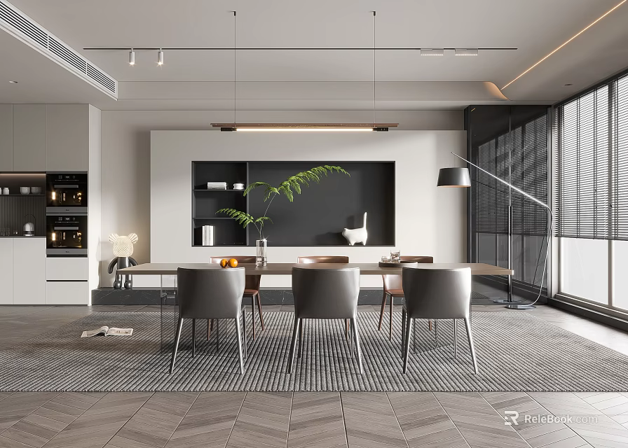 Modern Open Concept Restaurant Interior With Dining Table Chairs Pendant Lights And Greenery 3d model