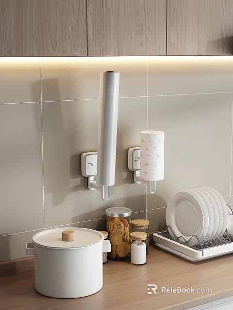 Elegant Kitchen Interior With Wall Mounted Paper Towel Holder Plates Jars And Cabinets 3d model 