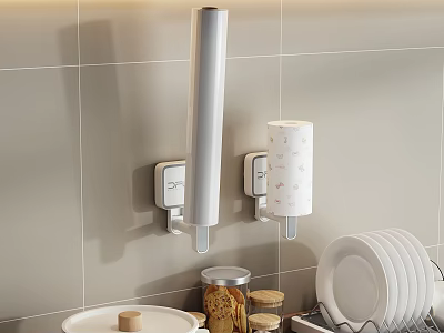 Elegant Kitchen Interior With Wall Mounted Paper Towel Holder Plates Jars And Cabinets 3d model