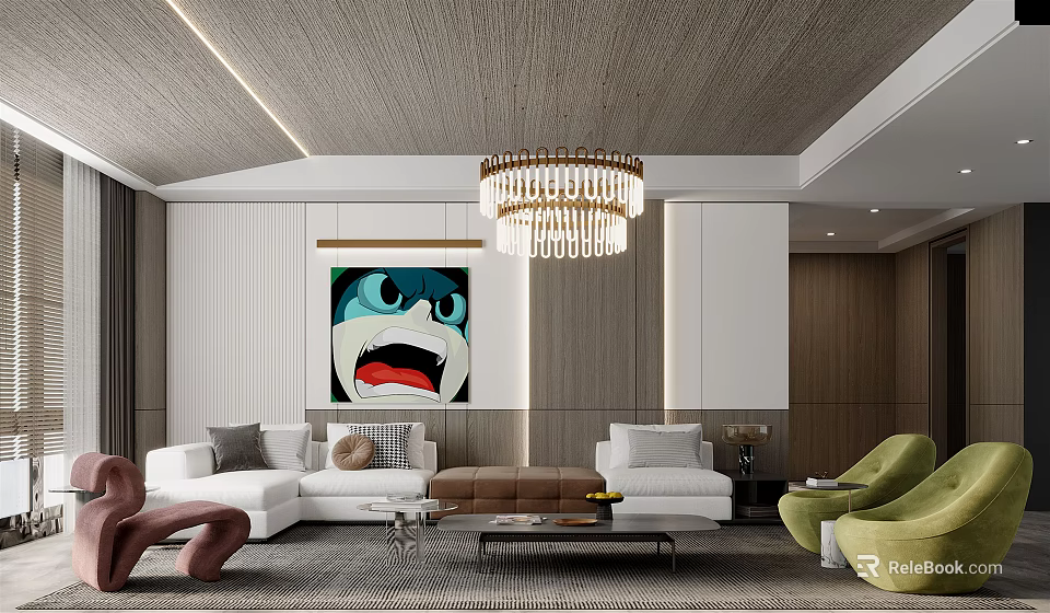 Modern Living Room Interior Featuring Chandelier Colorful Artwork Sofa Green Armchairs Coffee Table 3d model 