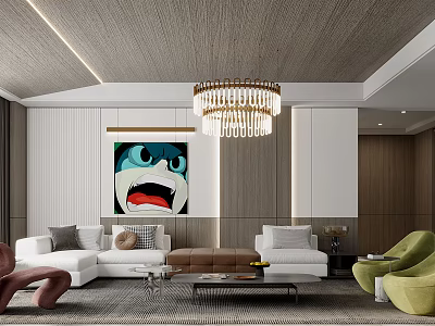 Modern Living Room Interior Featuring Chandelier Colorful Artwork Sofa Green Armchairs Coffee Table 3d model