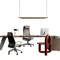 Modern Office Desk Setup With Leather Chair Computer Monitor Desk Lamp And Pendant Light