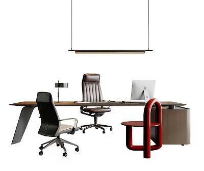 Modern Office Desk Setup With Leather Chair Computer Monitor Desk Lamp And Pendant Light 3d model