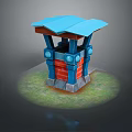 Small Structure With Blue Roof Red Brick Walls Blue Pillars Gray Base And Green Grass