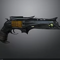 Futuristic Sci Fi Pistol With Sharp Edges Metallic Body Orange Grip And Green Gem