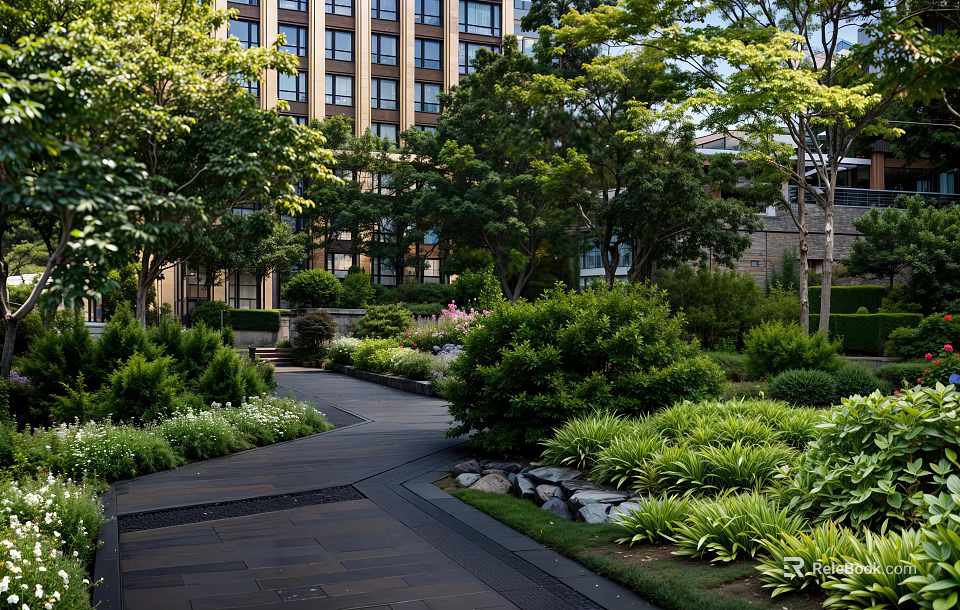 Lush Garden Landscape With Trees Shrubs Stone Pathway And Modern Building Background 3d model 
