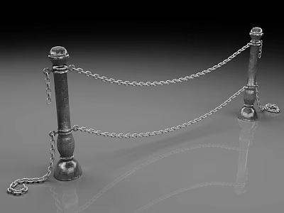 Silver Metal Posts With Linked Chains As Decorative Barrier On Reflective Ground 3d model