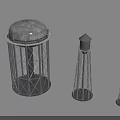 Three Water Towers Featuring Metal Frame Structures And Cylindrical Tanks Design 3d model