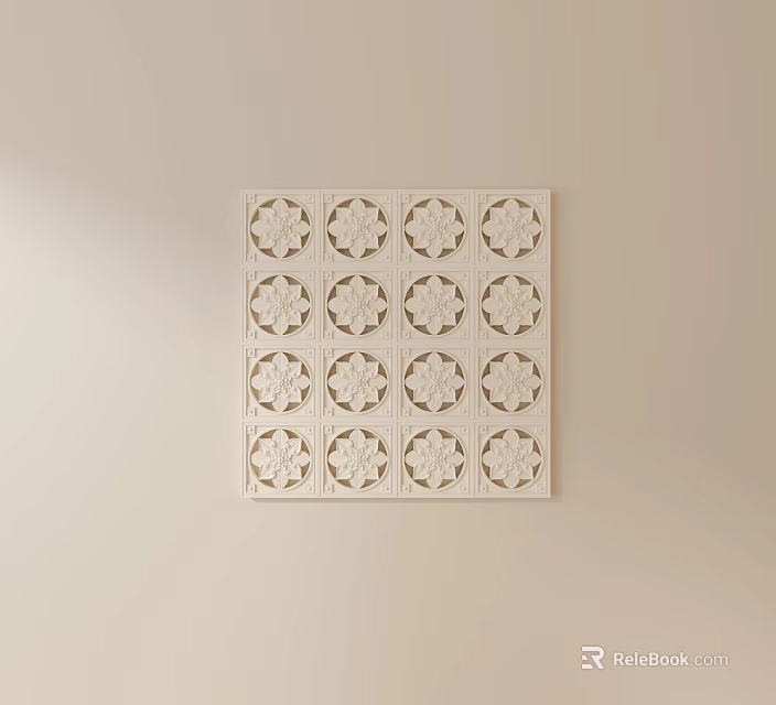 Intricate Carved Wall Decor With Square Panel Of 16 Small Floral Patterned Squares 3d model 