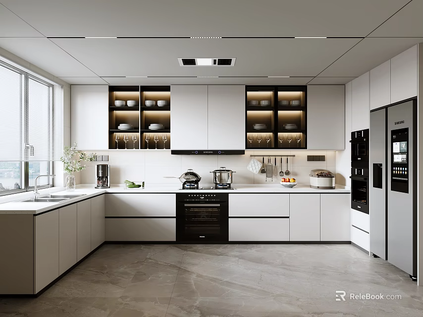 Modern Open Kitchen Interior Design With Island Counter And White Cabinets 3d model 