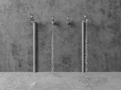 Modern Metal Water Faucets With Flowing Water On Gray Textured Wall And Stone Countertop 3d model