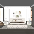Elegant Modern Bedroom Interior With Tufted Bed Framed Artworks And Area Rug