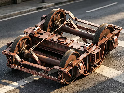 Rusty Vintage Railway Wheel Set With Old Metal Structure On Road 3d model