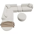 Beige Sectional Sofa With Round Ottoman Soft Pillows And Cozy Blanket 3d model