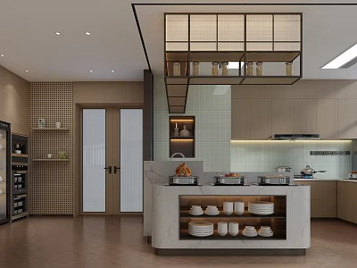 Modern Open Kitchen Interior Design With Island Counter Cabinets And Appliances 3d model