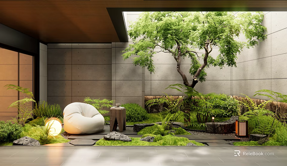 Serene Courtyard Garden With White Bean Bag Chair Small Wooden Table And Lush Green Plants 3d model 