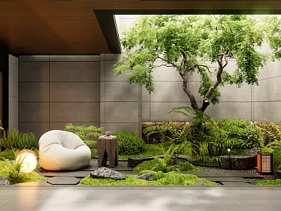 Serene Courtyard Garden With White Bean Bag Chair Small Wooden Table And Lush Green Plants 3d model