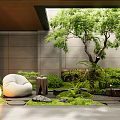 Serene Courtyard Garden With White Bean Bag Chair Small Wooden Table And Lush Green Plants