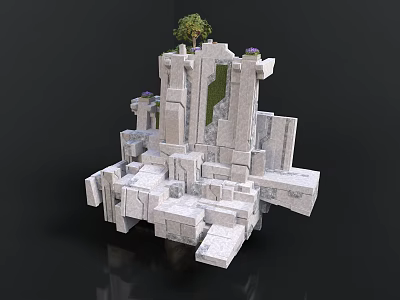 White Geometric Stone Structure With Layered Platforms Small Tree And Purple Plants 3d model