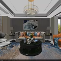 Elegant Modern Living Dining Room Interior With Chandelier Sofa Coffee Table And Wall Painting