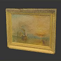 Vintage Oil Painting With Golden Frame Sunset Seascape And Ship Reflections