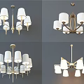 Modern Style Chandelier With Multiple White Shades And Golden Brass Frame