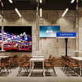 Modern Industrial Restaurant Interior With Long Tables Chairs Metal Pipe Ceiling And Wooden Partitions