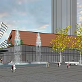Modern Red Brick Building With Glass Facade In Urban Plaza With Trees And People