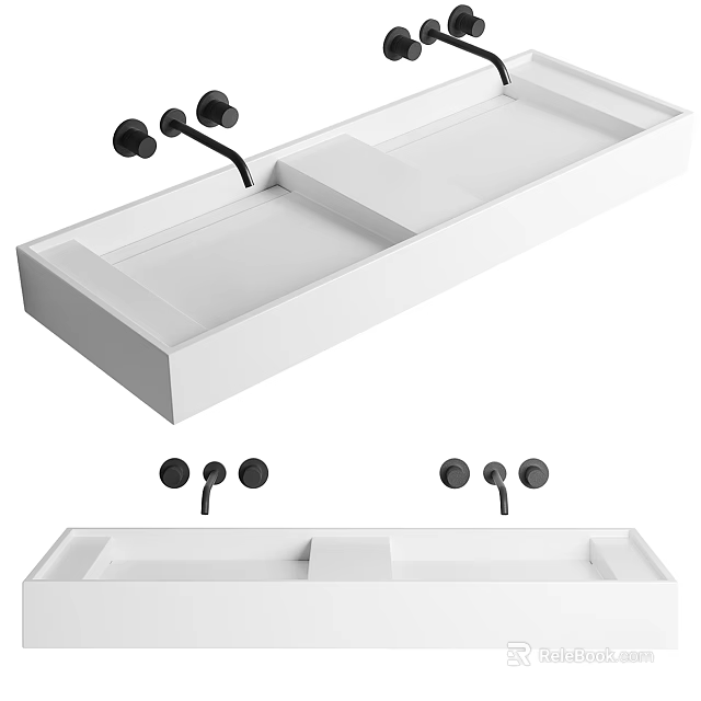 Sleek Modern White Washbasin Design With Black Faucet And Knobs 3d model 